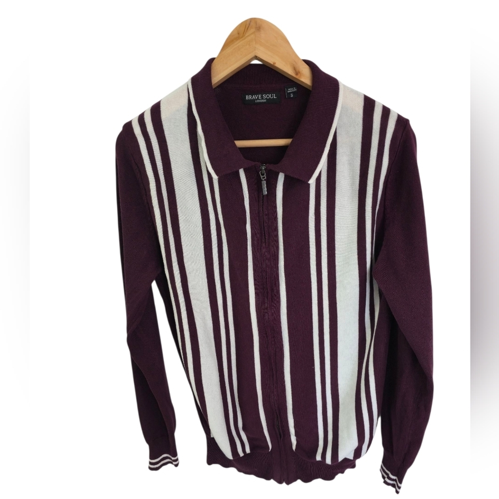 Brave Soul London Men Knit Cardigan Full Zip Collar Burgundy White Stripes SZ S